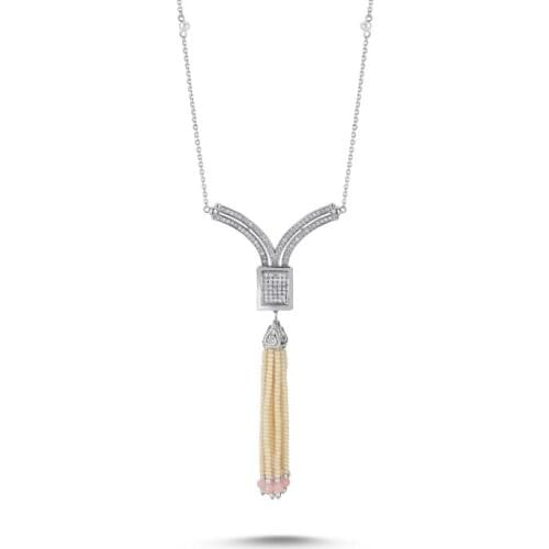 Silver 925 Sterling Majorca Pearl and Pink Quartz Tassels Zircon Cubic Zirconia Necklace