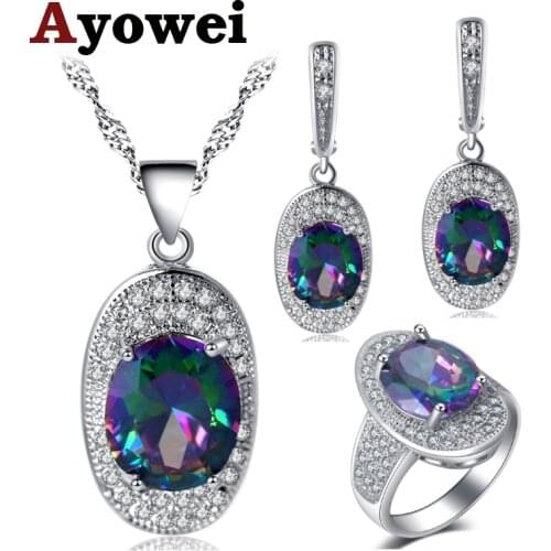 Ayowei Silver ingots multicolor For goodfriend Earrings Necklace pendant Rings Jewelry Sets USA size #6#7#8#9#10 JS715A