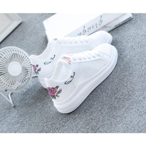 Women Flat Mesh Vulcanized Summer Ladies Embroidered Lace Up Walking White Shoes Female Fashion Breathable Casual Footwear 785
