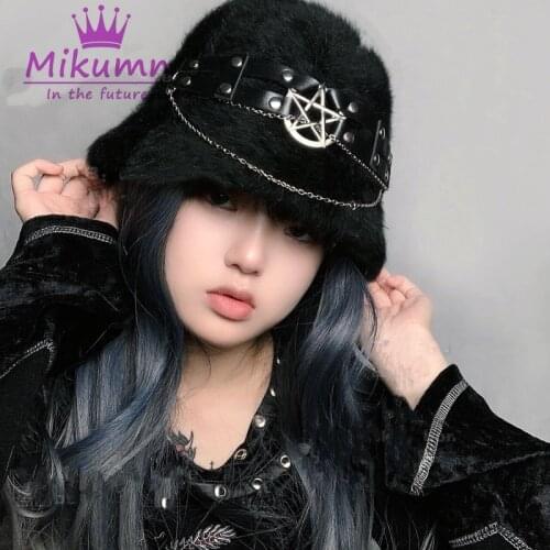 Harajuku Gothic Punk PU Pentagram Metal Cross Chain Plush Black Fisherman Hat Women Winter Warm Hip Hop Cap Chic Streetwear