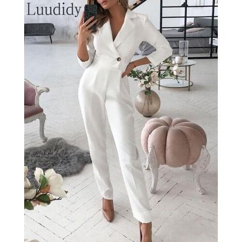 Women Elegant Office Lady Solid Color Long Sleeve Jumpsuit