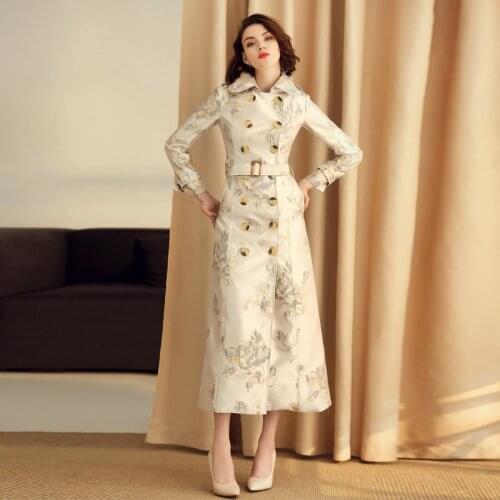 England Style Vintage Slim Long Trench Coat Women Autumn Winter New Luxury Jacquard Double Breasted Female Overcoat with Belt