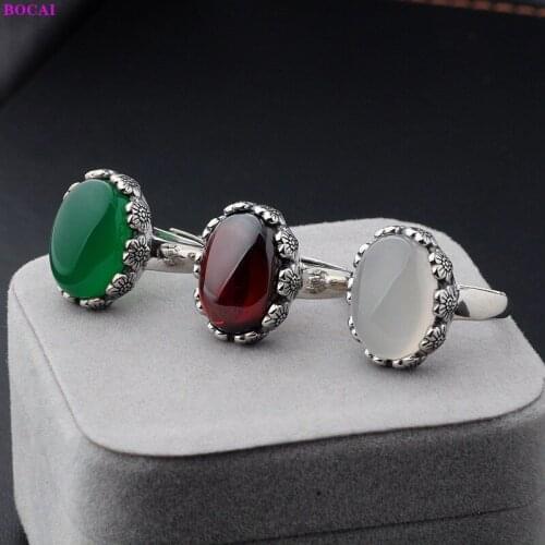 BOCAI 100% S925 Sterling Silver Rings Garnet Chalcedony Agate Rose Flower Pure Argentum Round Gemstone Rings For Women