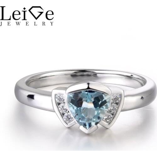 Leige Jewelry Blue Color Gem Natural Aquamarine Rings Wedding Bands Fine Jewelry Romantic Gifts for Girlfriend March Birthstone