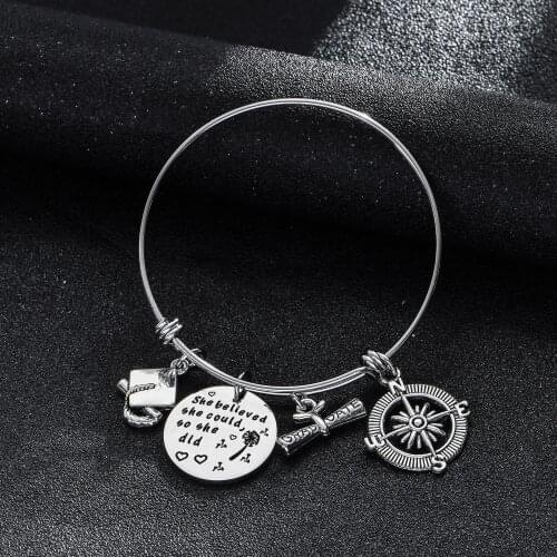 12PC Wholesale Compass She Believed She Could So She Did Stainless Steel Graduate Bangle Inspiration Friend Family Gift Fashion