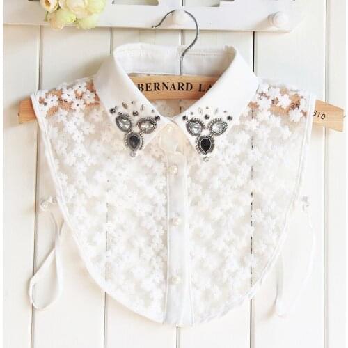 White Cotton Lace Shirt Blouse Lapel Fake Detachable Collar Rhinestone Ornaments For Ladies Women Neckwear FS0334