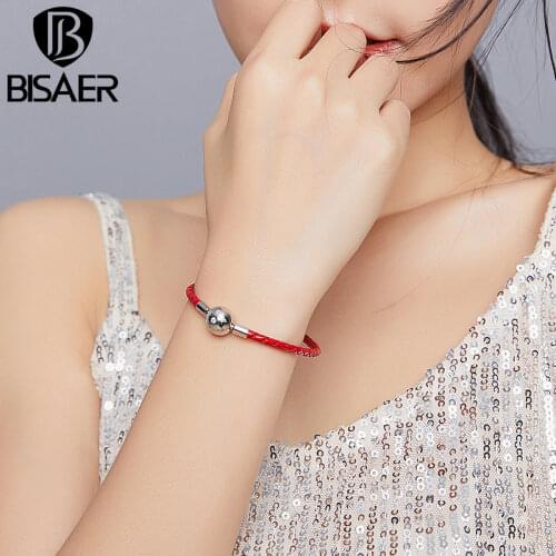 BISAER Lucky Bracelets Red Leather Rope 925 Sterling Silver S925 Plated Platinum CZ PU Leather Chain For Women Jewelry EFB042