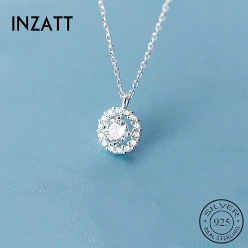 INZATT Real 925 Sterling Silver Zircon Round Pendant Choker Necklace For Fashion Women Bohemian Fine Jewelry Accessories Gift