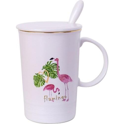 400ml Flamingo Pattern Ceramic Coffee Mug Household Creative Nordic Style Mus Tumbler Milk Tea Travel Cup with Lid Spoon