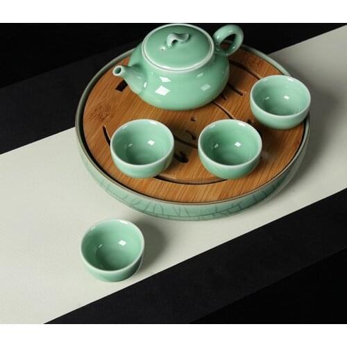 23x23x4cm Longquan Celadon Ceramic Tea Tray Bamboo Panel Round Large Kung-Fu Tea Tray Set Ceramic Simple Water Storage Tea Table