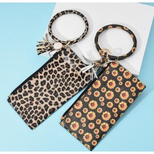 Leopard Leather Bracelet Key Chain Wallet PU Round Wristr Tassel Pendant Wristbands Keychain Bracelets Clutch Purse Gift SN2895