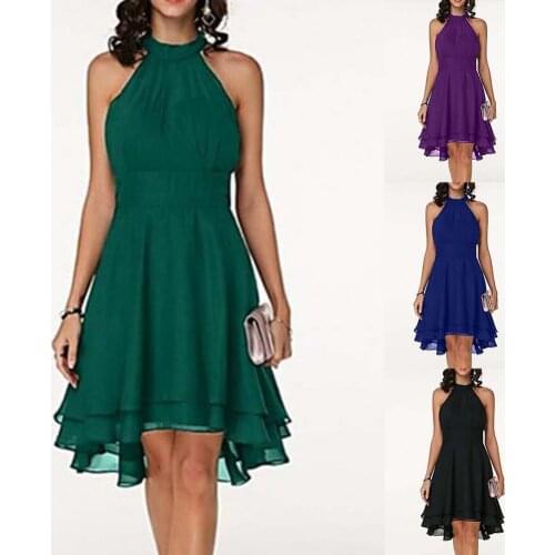 Summer Plus Size Dresses Sexy High Waist Solid Color Halter Sleeveless Dress Ladies Casual Chiffon Cropped Layered Party Dress