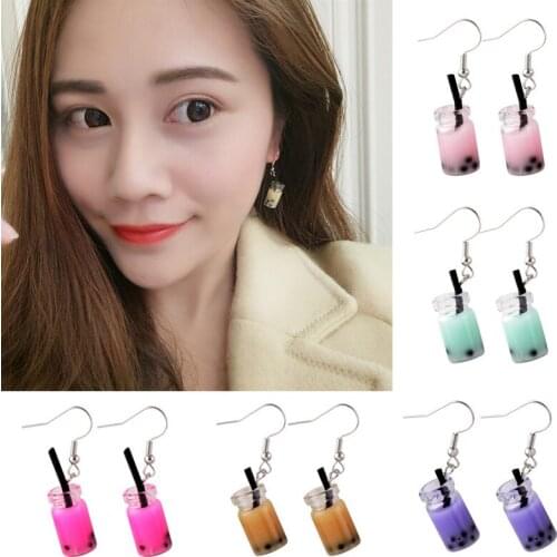 Fashion Simple Fun Handmade Pearl Milk Tea Cup Earrings Creative Unique Resin Bubble Cup Drink Earrings Girls Party Jewelry