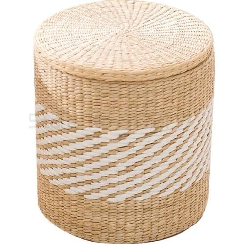 Straw woven solid wood storage stool storage stool rattan woven shoe stool sofa stool makeup stool can seat people