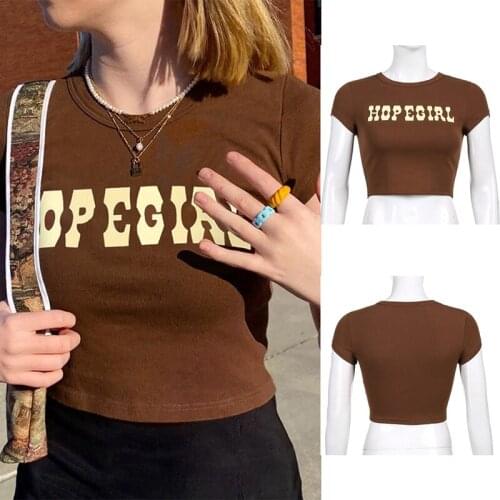 Hot Kf-Brown Letter Print Short Sleeve Crop Top T Shirt Ladies Casual Basic T Shirt Women Skinny Streetwear Summer