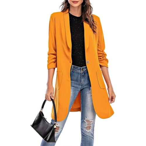 Casual Long Sleeve Long Suit Coat Woman Spring Autumn Solid Button Pocket Blazer Women Elegant Black Slim Office Blazer Femme