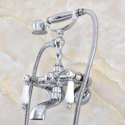 Silver Polished Chrome Brass Wall Mounted Dual Ceramic Handles Clawfoot Bathtub Faucet Handshower - Adjusts From 3-3/8" aqg421