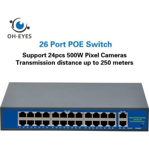 24 Ports POE Switch + 2 Ports Gigabit Fast Ethernet Network Switch IP Cameras Powered POE Adapter for Indoor IP CAM LAN Repeate