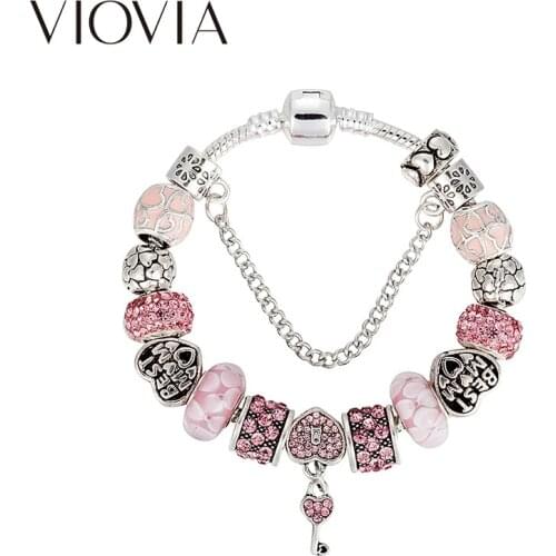 VIOVIA Pink Crystal Beads Bracelets & Bangles Fine Key Pendant Fit Original Charm Bracelets for Women Gift Diy Jewelry B17122