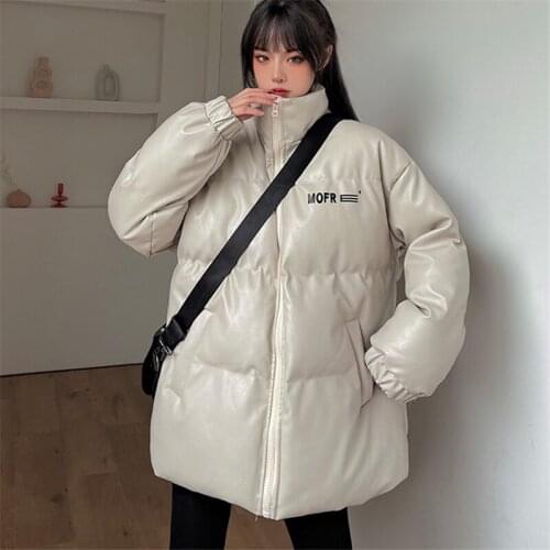 2021 Winter Fashion New Loose Stand Collar Long Sleeve BF Wind Thick Letter Printed PU Leather Cotton Jacket Women Trendy H209