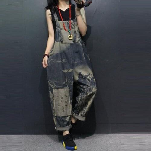 Women clothing denim washed patch rompers vintage overalls women jumpsuits suspenders jeans women overalls fashion rompers