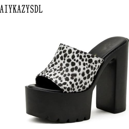 AIYKAZYSDL Peep Toe Mules Sandals Women Platform Chunky Block High Heels Zebra Leopard Print Shoes Fetish Slides Cluberwear