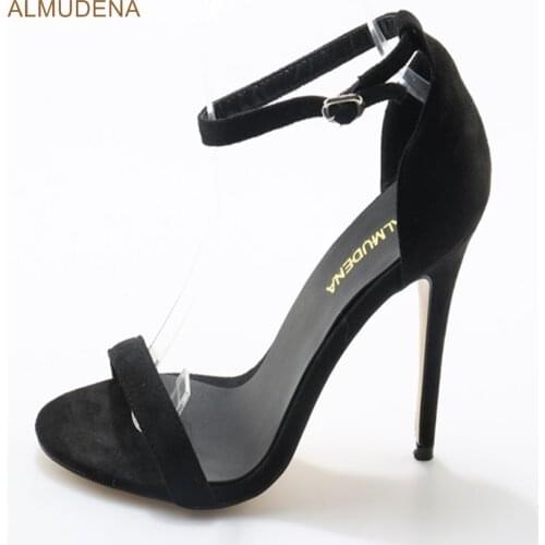 ALMUDENA Popular Celebrity Black Suede Single Strap Sandals Stiletto Heel Sexy Dress Shoes Ankle Buckle Strap Footwear For Women
