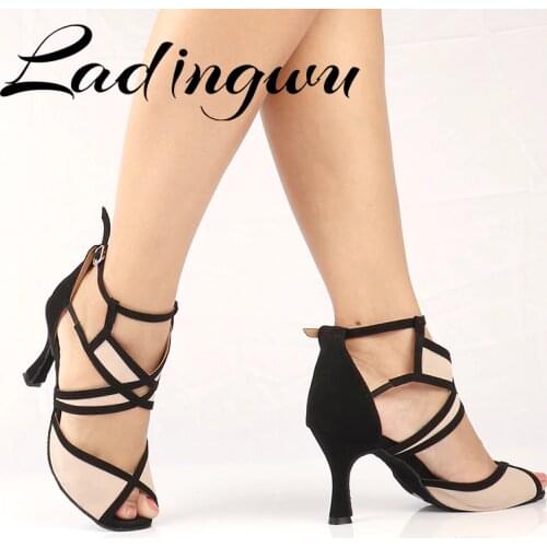 Ladingwu Women Dance Shoes Latin Ballroom Dance Shoes Ladys Girls Geometry Clipping Salsa Dance Shoes Beige Suede Heels 6-10cm