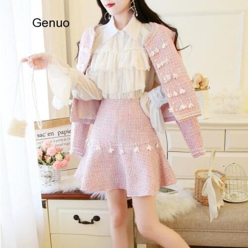 Women 2020 Fall Winter Chic Pearl Beaded 2 Piece Set Female Tweed Single Breasted Jacket Coat +High Waist A-Line Skirt Suit