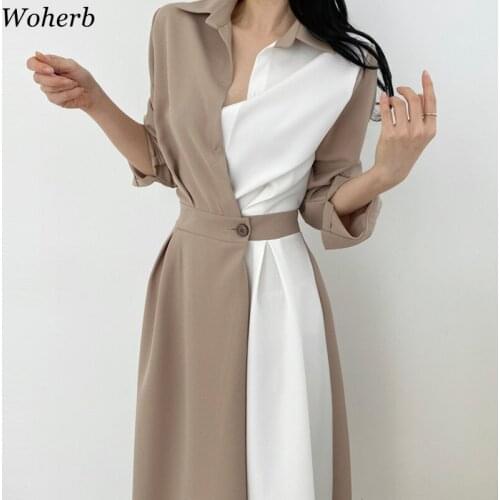 Woherb Hit Color Patchwork Ol Long Dress Women High Waist Sashes A Line Vestidos Autumn 2021 New Long Sleeve Robe Loose
