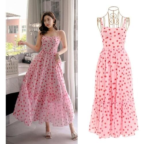 2020 summer new fashion temperament goddess fan pink sweet wave point holiday suspender medium length dress for women
