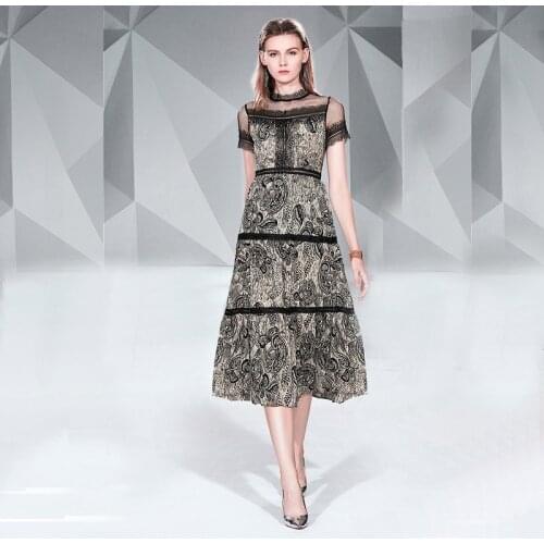 New Arrival Summer Runway French Female High Quality Dress For Womens Lace Stitching Mesh Mid-Length Dresses Vestido