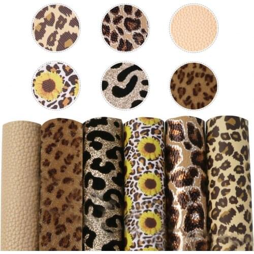 6Pcs New Style Fashion Artificial Leather Fabric Leopard Printed Sunflower Pattern DIY Synthetic Faux Leather Sheet for Crafts
