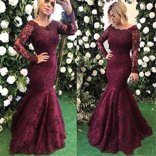Elegant Scoop Pears Beaded Lace Mermaid Evening Dresses Long Sleeve Arabic Women Grapea bendkleider 2020 Formal Evening Gown