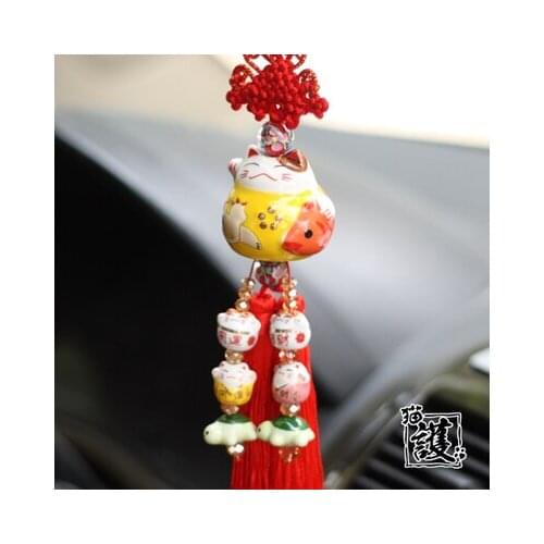 Interior Hanging Ornament Ceramic Maneki Neko Lucky Cat Fat Cat Crystal Sleutelhanger Car Pandent Key chain Chaveiro Decoration