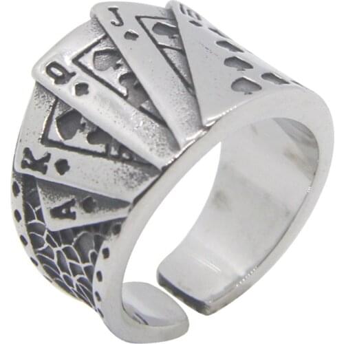 Poker Ring 316L Stainless Steel Biker Punk Gothic Style Jewellery Adjustable Man Ring Size 7-13