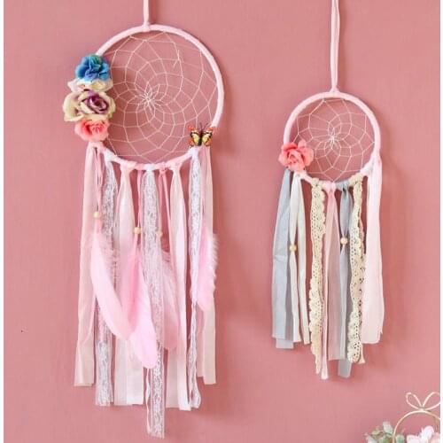 Feather Dream Catcher Wind Chimes Handmade Indian Dream Catcher Net With Flower Butterfly Romantic Wall Room Hanging Craft Gift