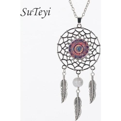 SUTEYI Mandala Dream catcher Necklace Art Glass Retro Multicolor Pendant. Fashion Jewelry Handmade Gift Men Women DNE259