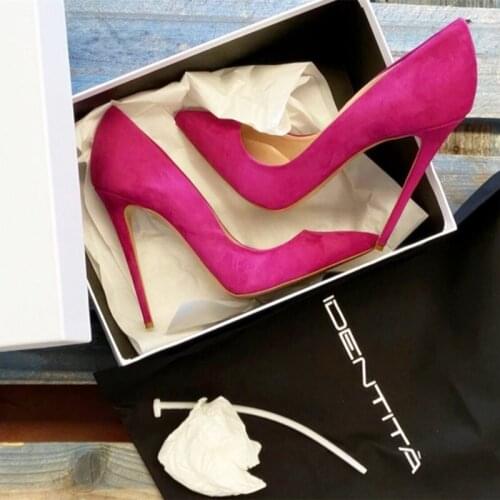 Sexy lady fashion womens shoes fucsia suede real leather pointy toe stiletto stripper High heels Shallow Patchwork pumps 12cm