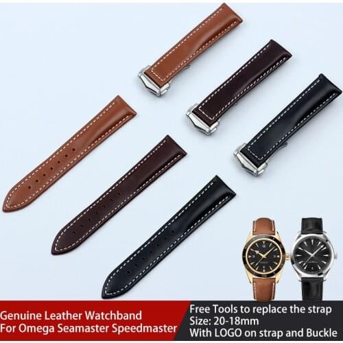 20mm Genuine Leather Watchband For Omega Strap Seamaster Speedmaster De Ville Watch Band Brand Bracelet Deployment Buckle AT150