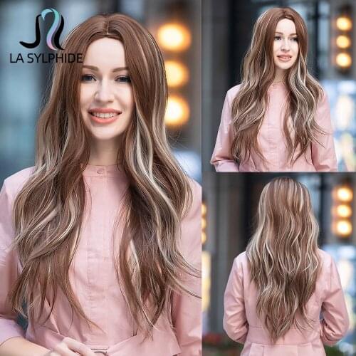 La Sylphide Synthetic Wig Long Curly Light Brown With Highlight Blonde Middle Part Hair Wigs for Woman Cute Wigs Heat Resistant