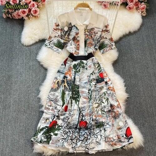 Smlinan 2021 Summer Print Button Shirt Dress Women Clothes Fashion Short Sleeve Midi Dresses Vintage Elegant Office Dress Female