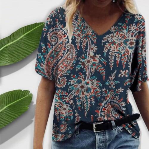 Loose Summer Tshirt Womens Casual Round V-Neck Vintage Printed Short Sleeve T-Shirt Tops Tee t-shirts for women 2021 футболки