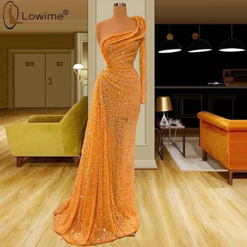 Glitter Orange One Shoulder Long Sleeve Sequined Mermaid Evening Dresses Kaftans Floor Length Robe De Soiree Prom Party Gowns