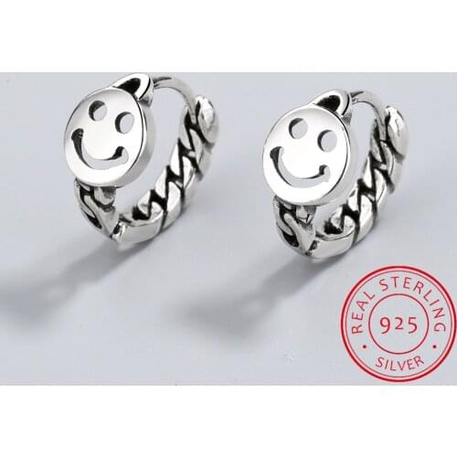 Vintage 925 Sterling Silver Round Chain Smiling Face Personality Small Hoop Earrings For Women oorbellen Creole