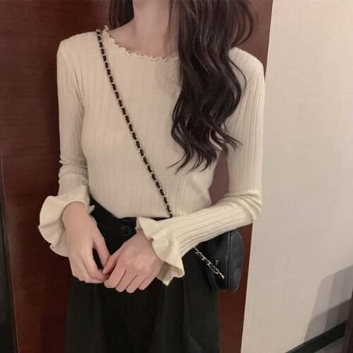 Ear edge design of autumn 2020 round neck simple and slim long sleeve bottomed T-shirt sweater for women