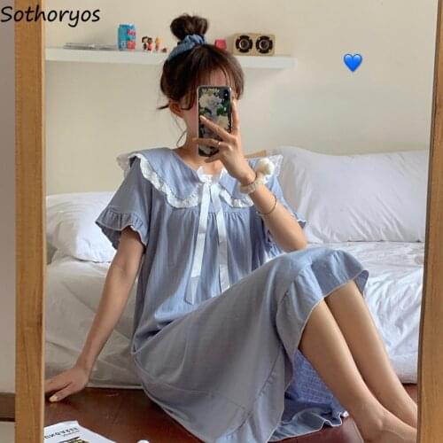 Women Nightgowns Solid Loose Ruffles Short Sleeve Nightwear Home Nightwear Summer Long Sleeping Dresses Girls Sweet Kawaii Dress