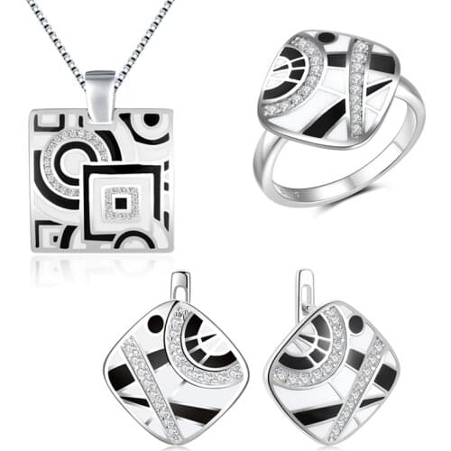 OGULEE Women Necklace Earrings Rings 3 Jewelry Set 925 Sterling Silver Handmade Enamel Black White Elegant Wedding Party Gifts