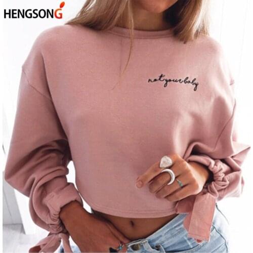 2020 New Fashion Women Bowknot Long Sleeve Hoodies Round Neck Crop Tops White Pink Short Sweatshirts Spring Outfits