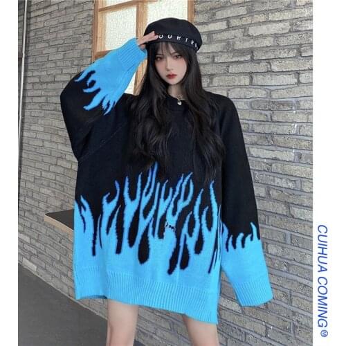Sweater Women Streetwear Retro Flame Pattern Hip Hop Autumn Pull Over Spandex O-neck Oversize Couple Casual Women Sweaters